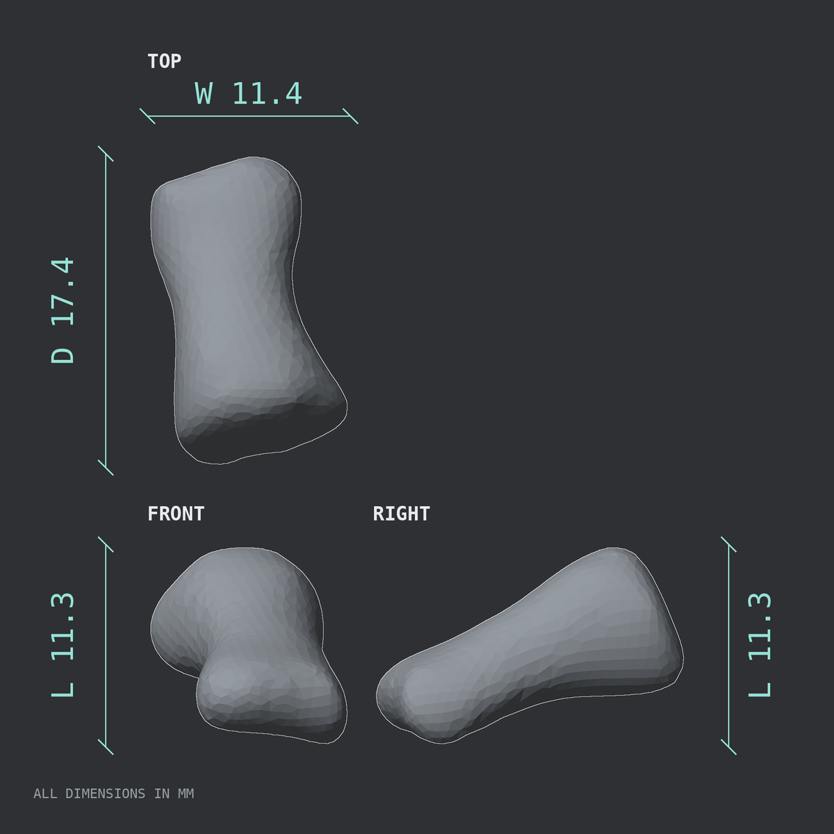 3D rendered dimensional drawing of the Left second toe middle phalanx, top, front, and side views.