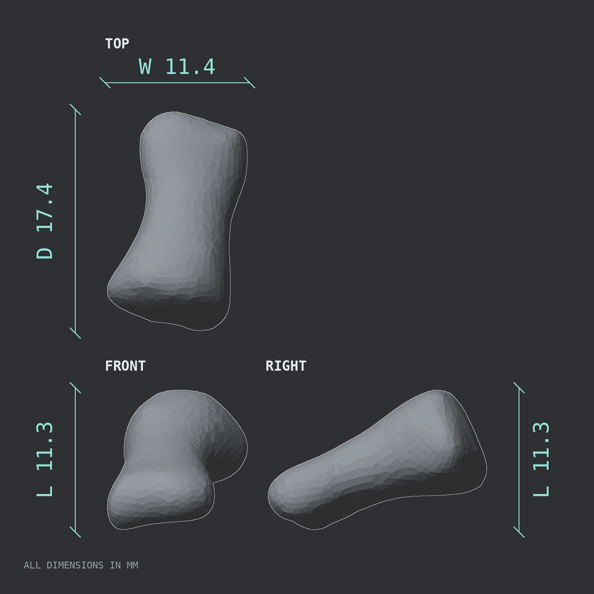 3D rendered dimensional drawing of the Right second toe middle phalanx, top, front, and side views.