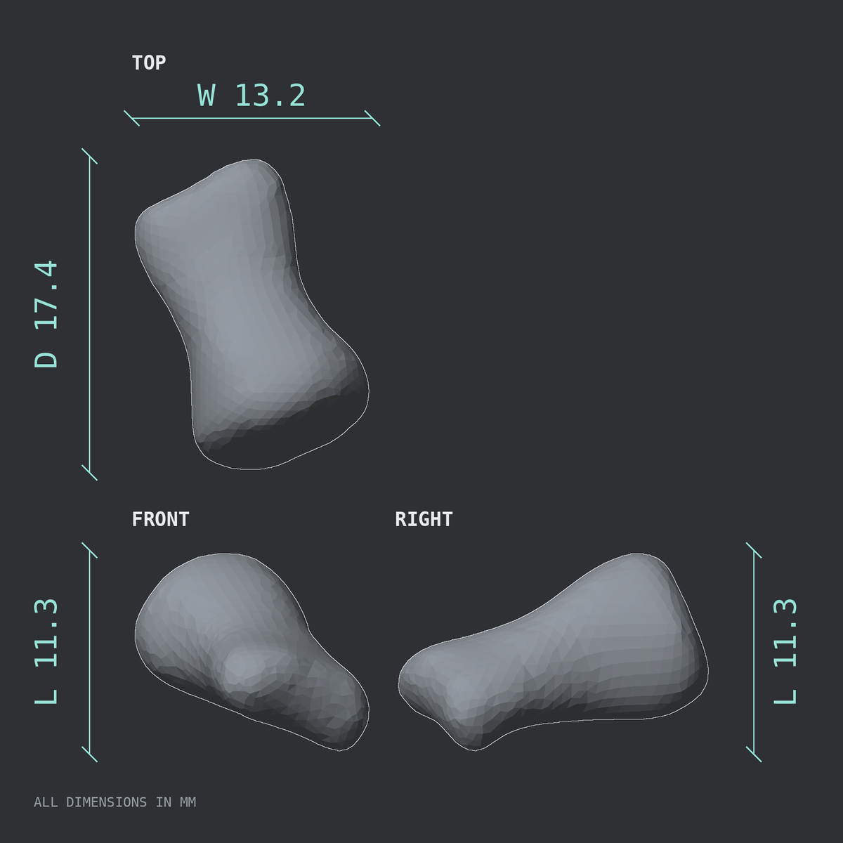 3D rendered dimensional drawing of the Left third toe middle phalanx, top, front, and side views.