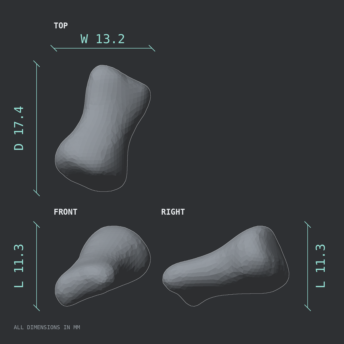 3D rendered dimensional drawing of the Right third toe middle phalanx, top, front, and side views.