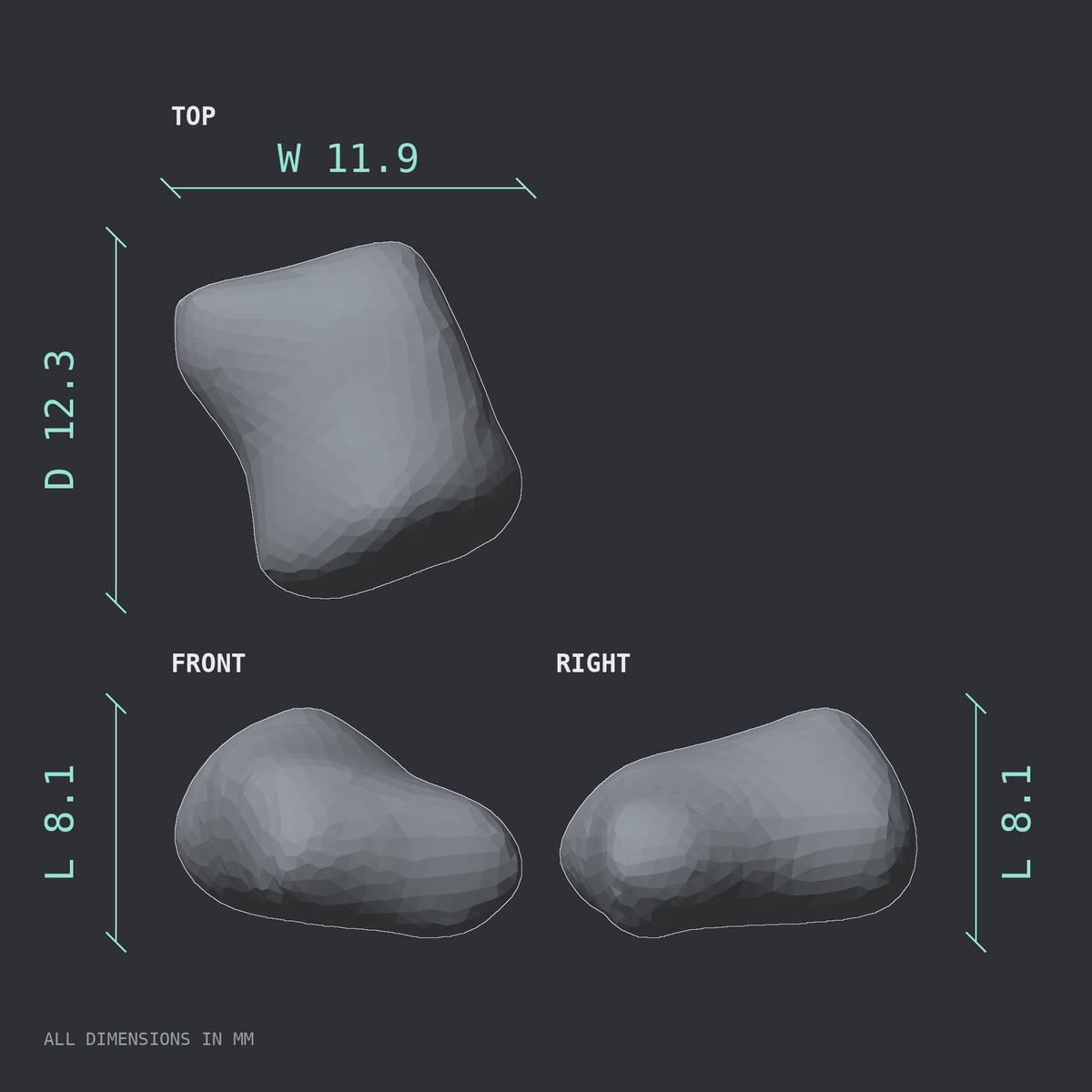 3D rendered dimensional drawing of the Left fourth toe middle phalanx, top, front, and side views.