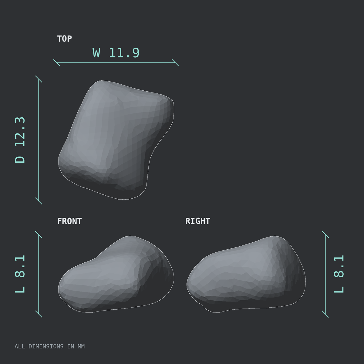 3D rendered dimensional drawing of the Right fourth toe middle phalanx, top, front, and side views.