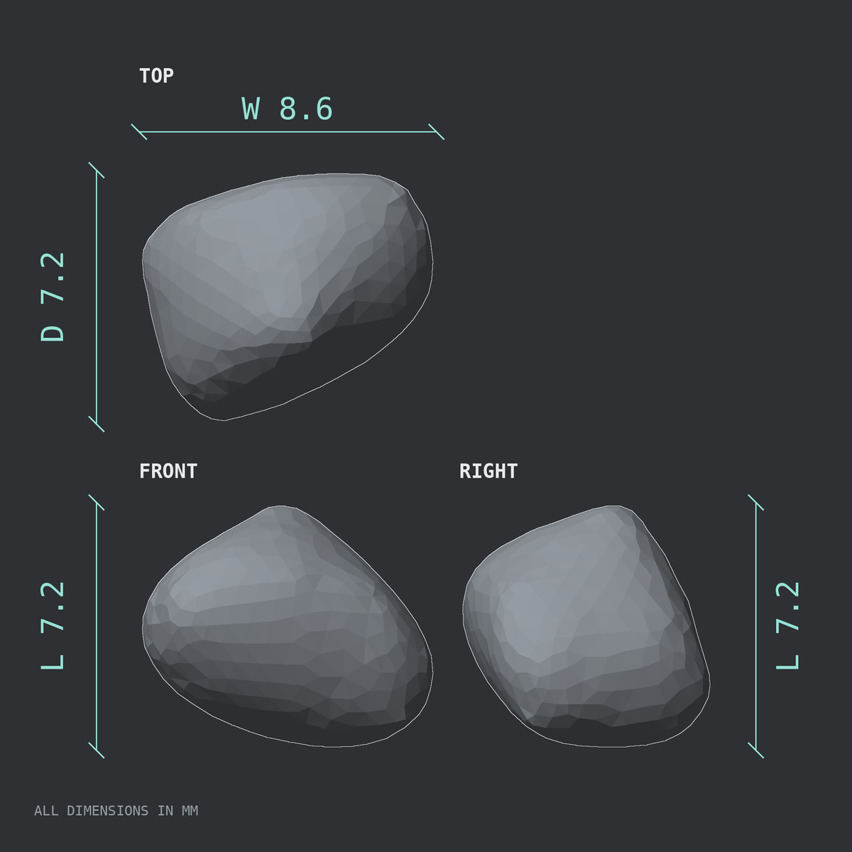 3D rendered dimensional drawing of the Left little toe middle phalanx, top, front, and side views.