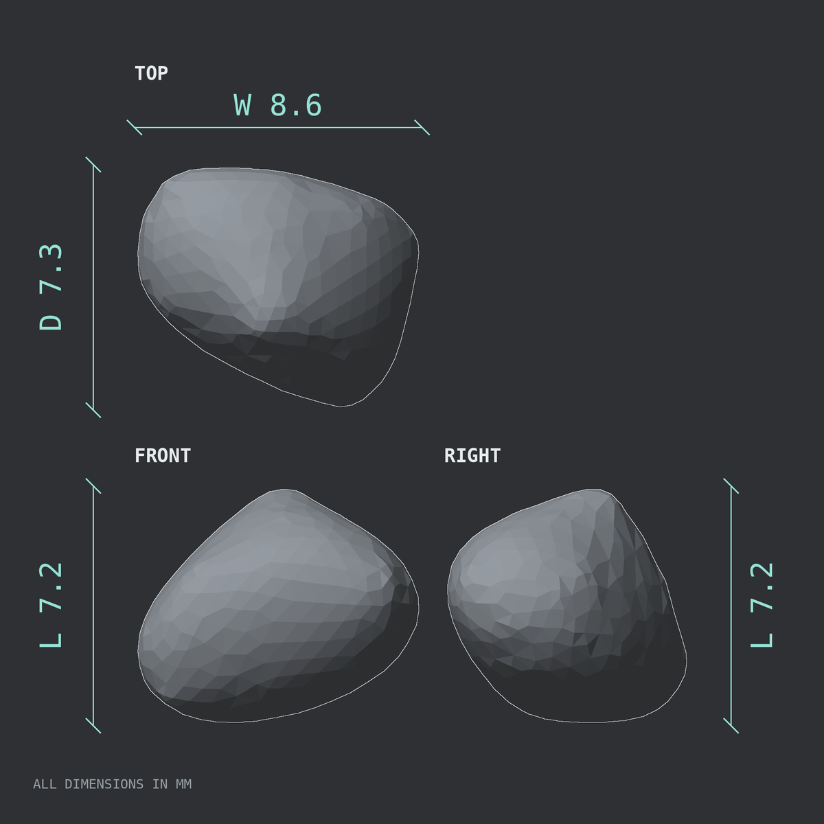 3D rendered dimensional drawing of the Right little toe middle phalanx, top, front, and side views.