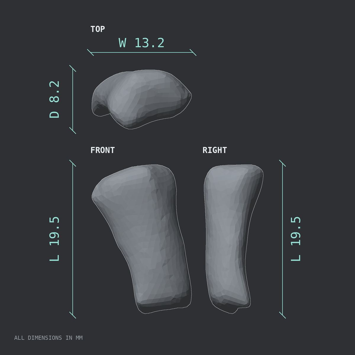 3D rendered dimensional drawing of the Left little finger middle phalanx, top, front, and side views.