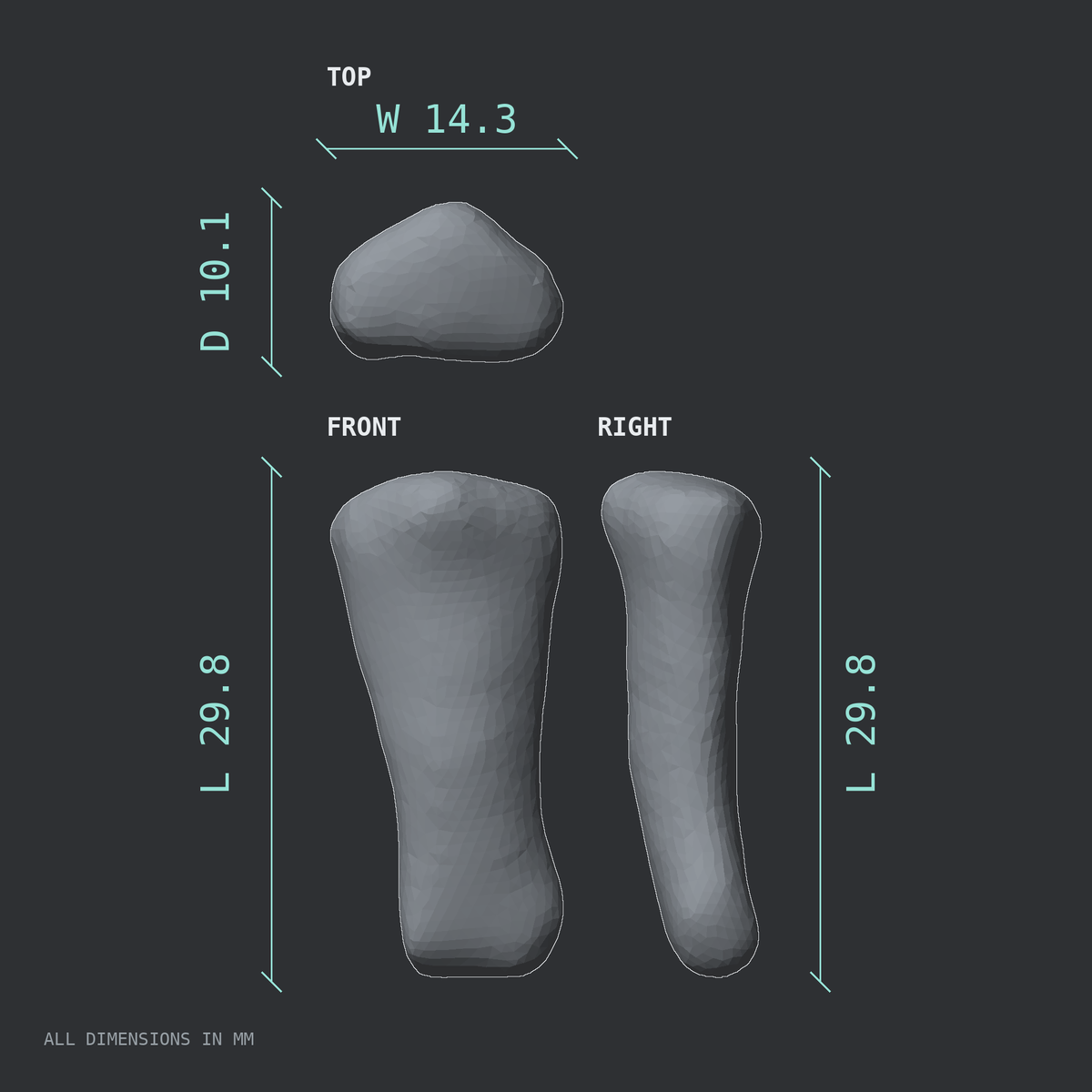 3D rendered dimensional drawing of the Left middle finger middle phalanx, top, front, and side views.