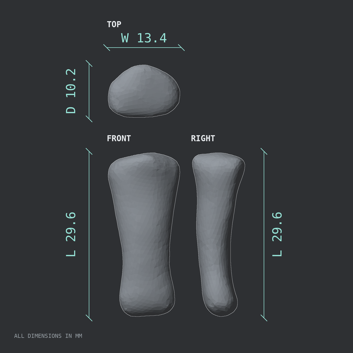 3D rendered dimensional drawing of the Right middle finger middle phalanx, top, front, and side views.