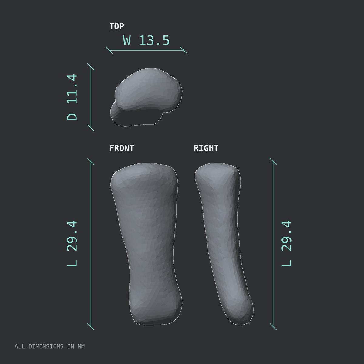 3D rendered dimensional drawing of the Left ring finger middle phalanx, top, front, and side views.