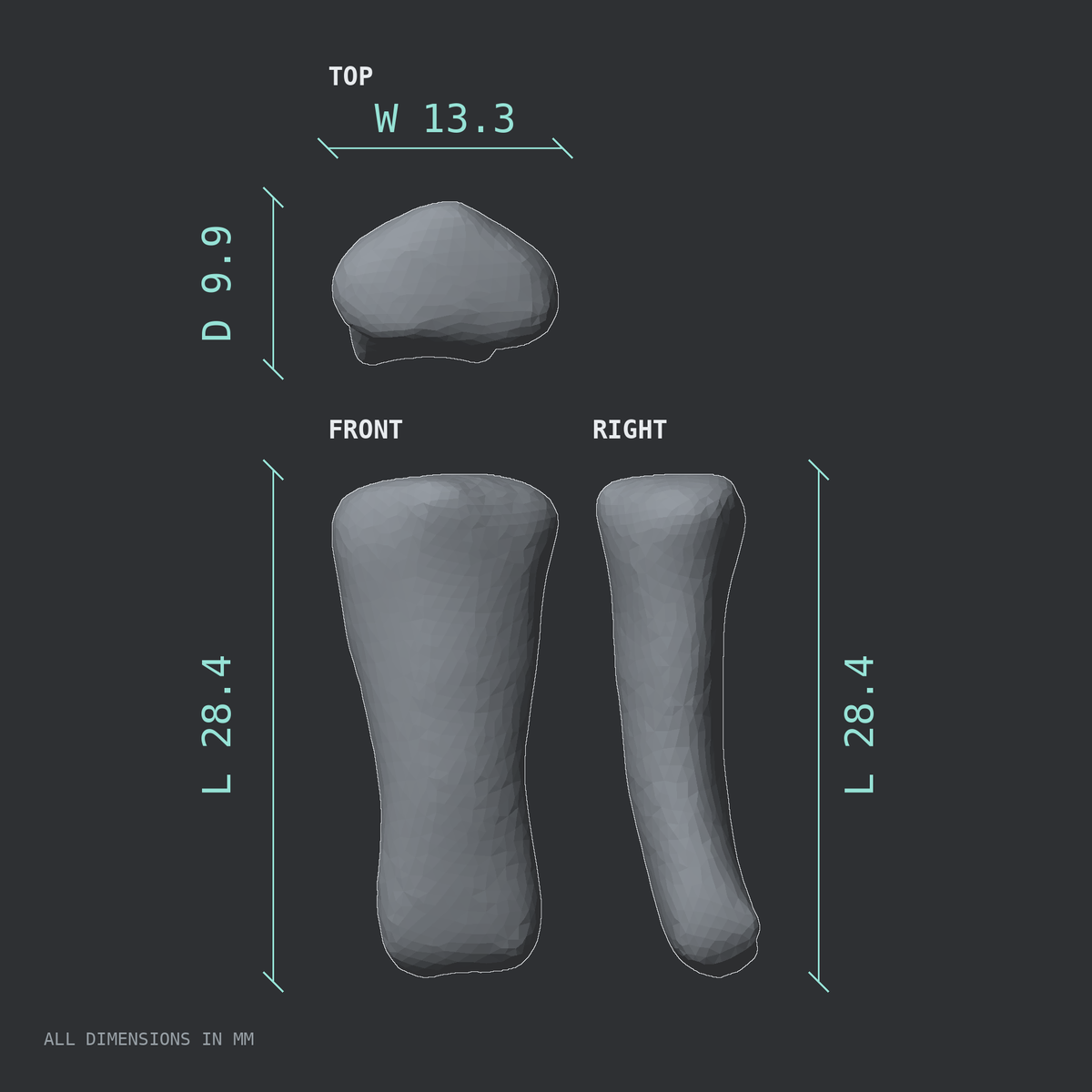 3D rendered dimensional drawing of the Right ring finger middle phalanx, top, front, and side views.