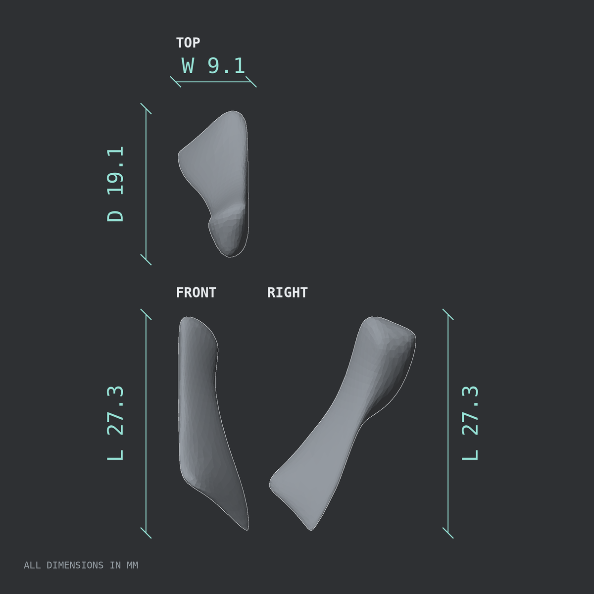 3D rendered dimensional drawing of the Left nasal bone, top, front, and side views.