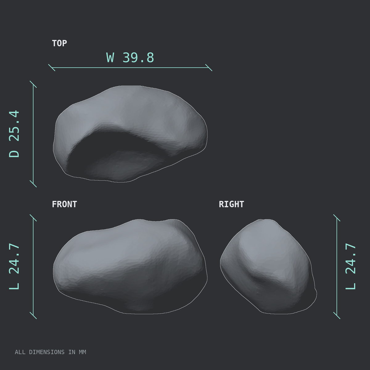 3D rendered dimensional drawing of the Left navicular bone (foot), top, front, and side views.