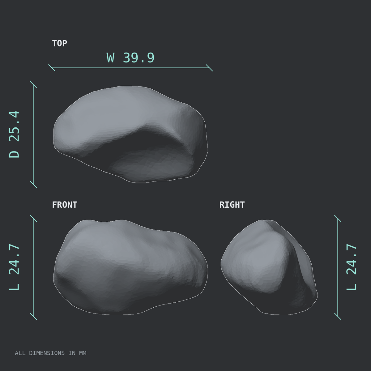 3D rendered dimensional drawing of the Right navicular bone (foot), top, front, and side views.