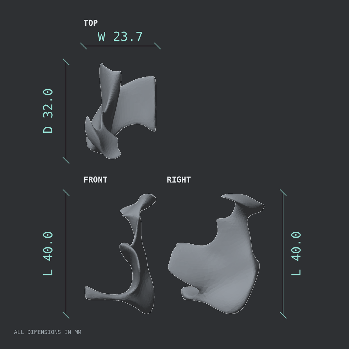 3D rendered dimensional drawing of the Left palatine bone, top, front, and side views.
