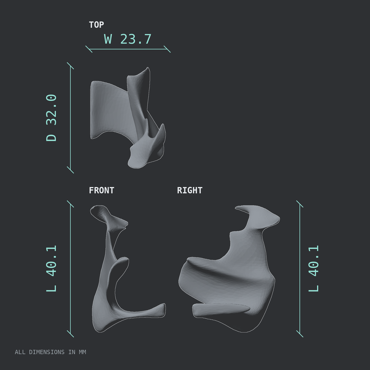 3D rendered dimensional drawing of the Right palatine bone, top, front, and side views.
