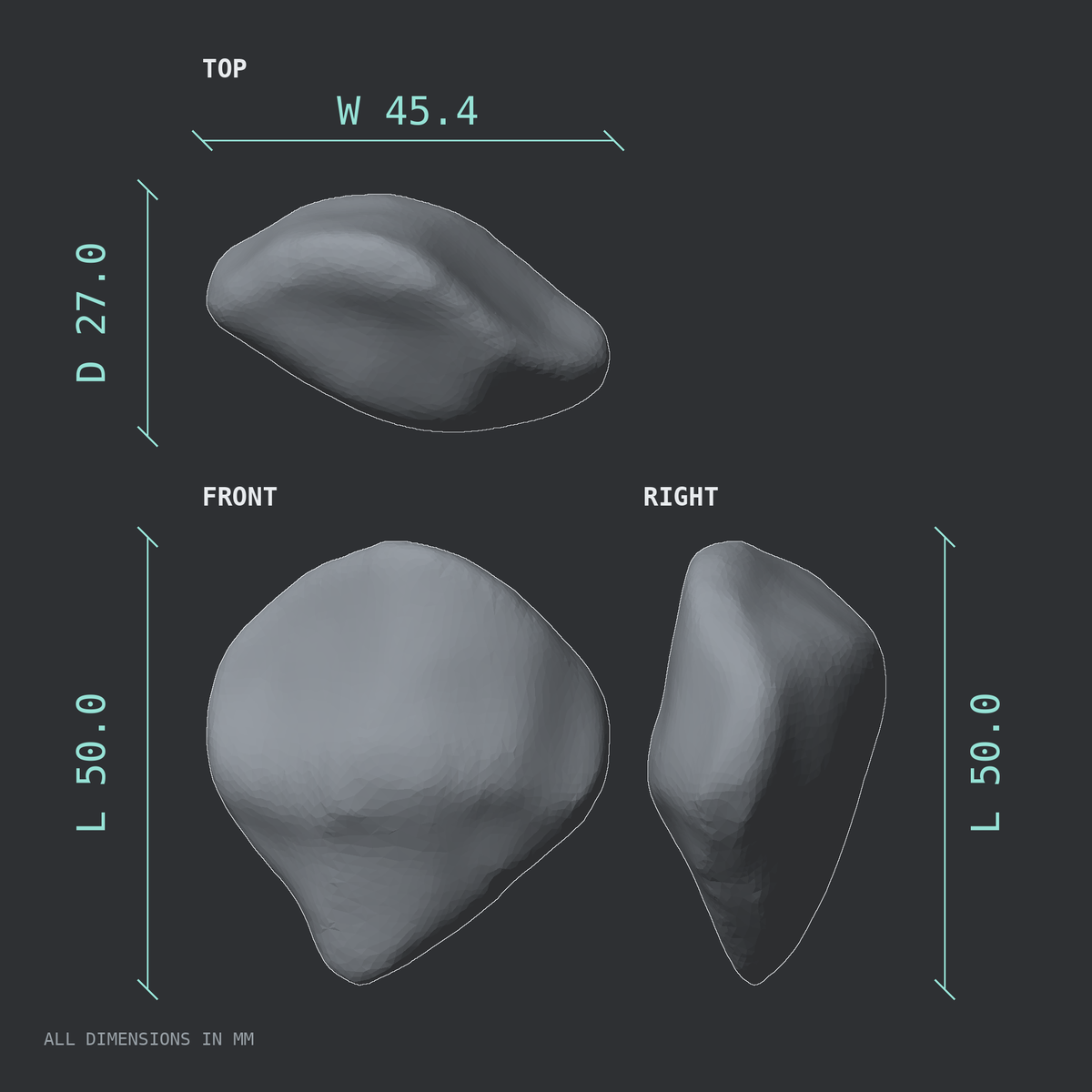 3D rendered dimensional drawing of the Left patella (kneecap), top, front, and side views.