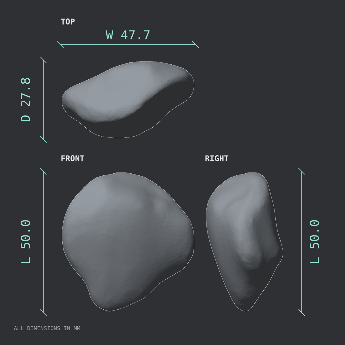 3D rendered dimensional drawing of the Right patella (kneecap), top, front, and side views.