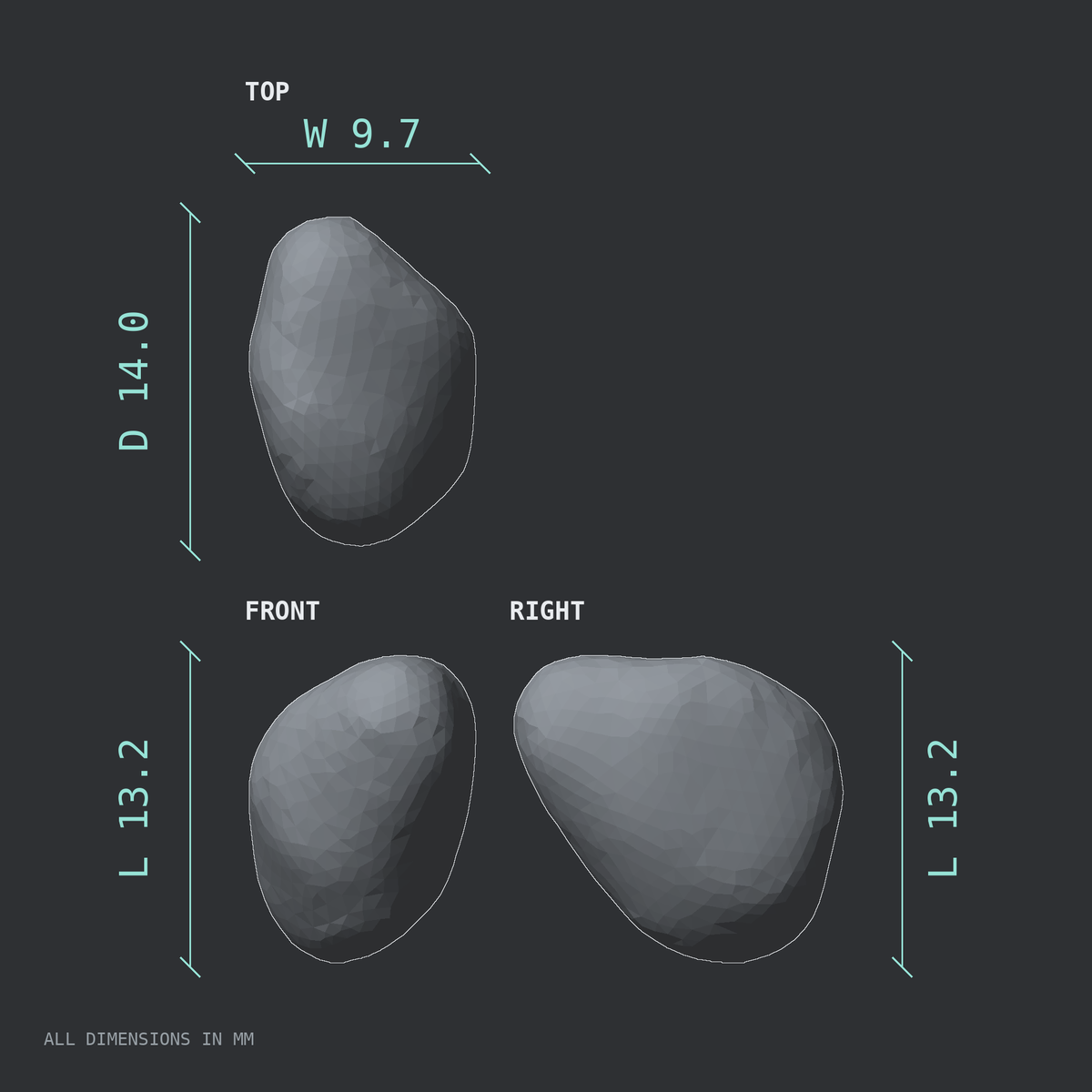 3D rendered dimensional drawing of the Left pisiform bone (wrist), top, front, and side views.