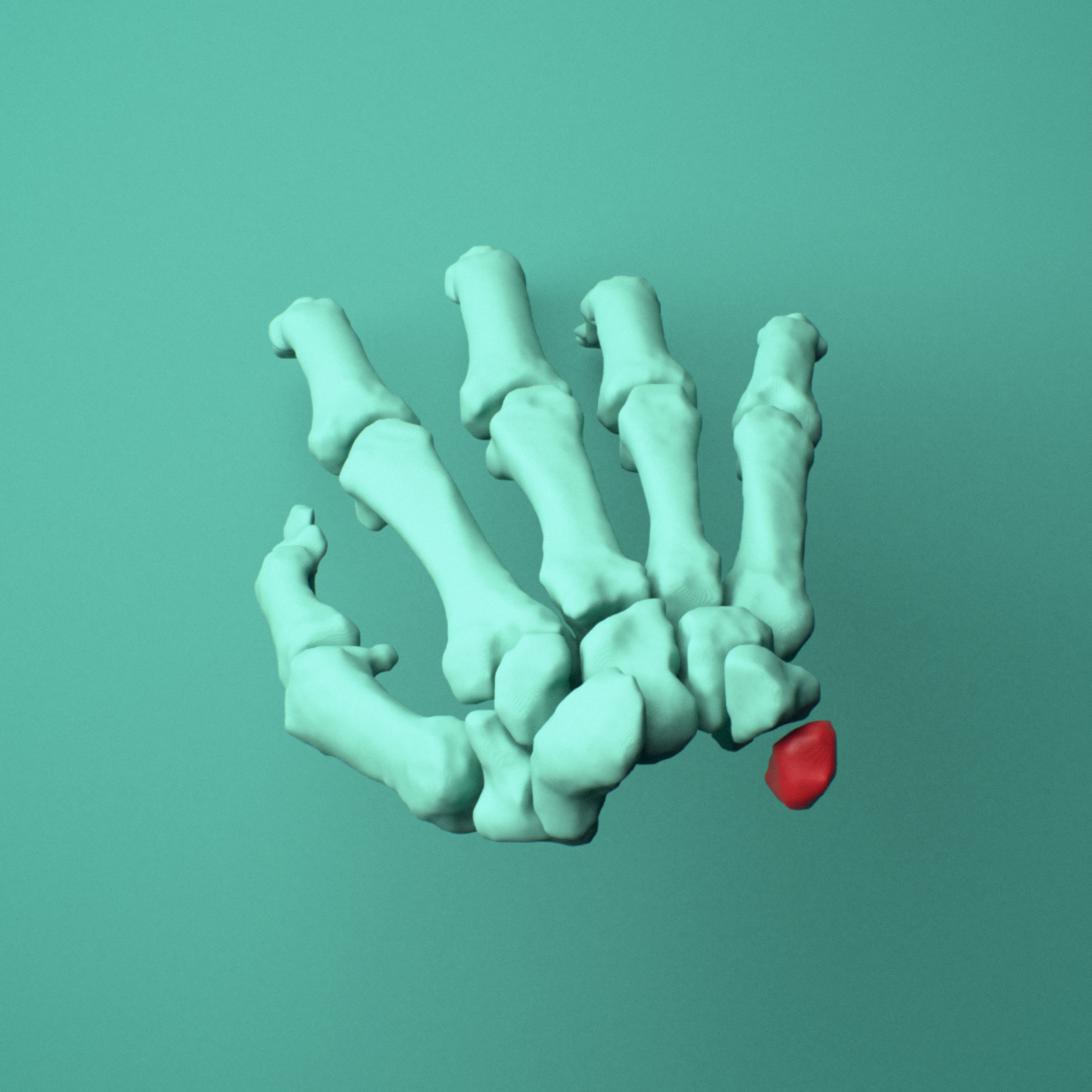 3D model of the Right pisiform bone (wrist) shown in position within a full hand and wrist model, superior view.