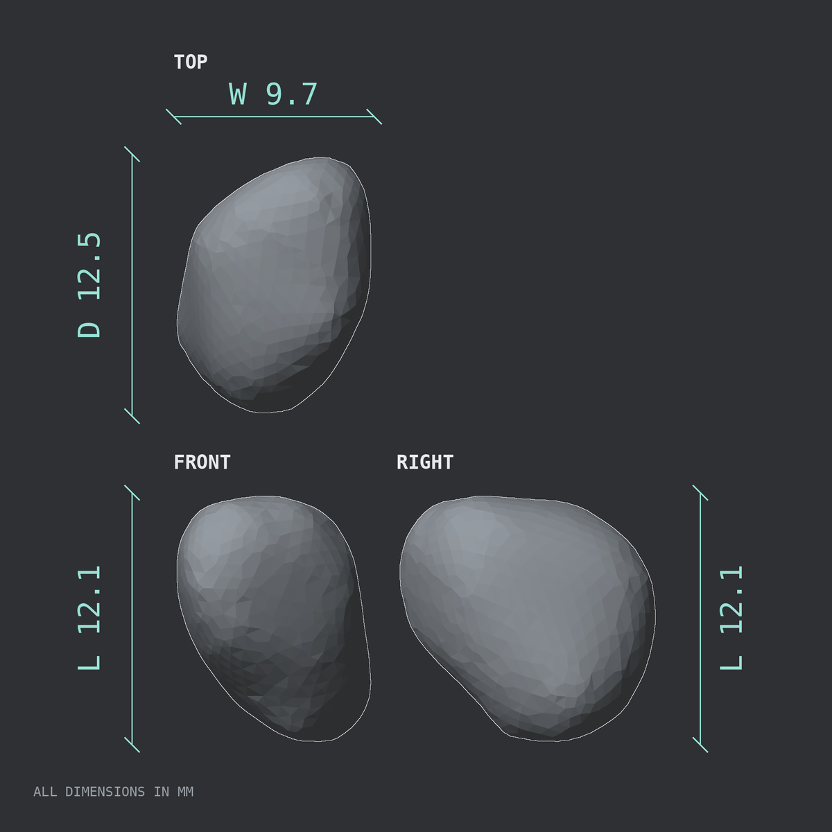 3D rendered dimensional drawing of the Right pisiform bone (wrist), top, front, and side views.