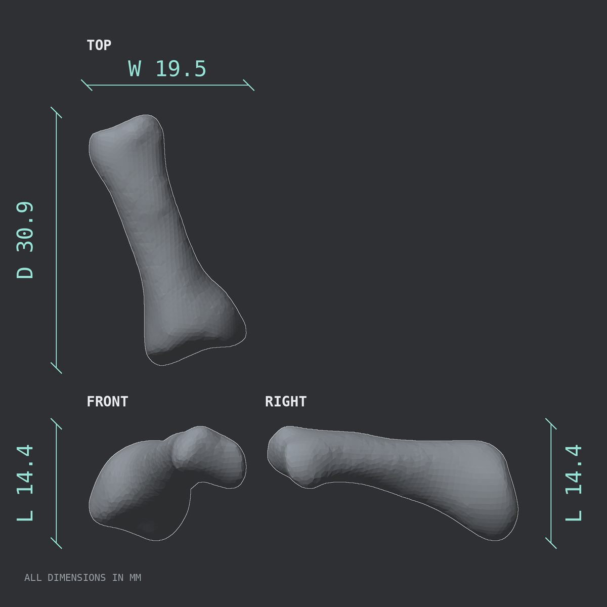 3D rendered dimensional drawing of the Left third toe proximal phalanx, top, front, and side views.