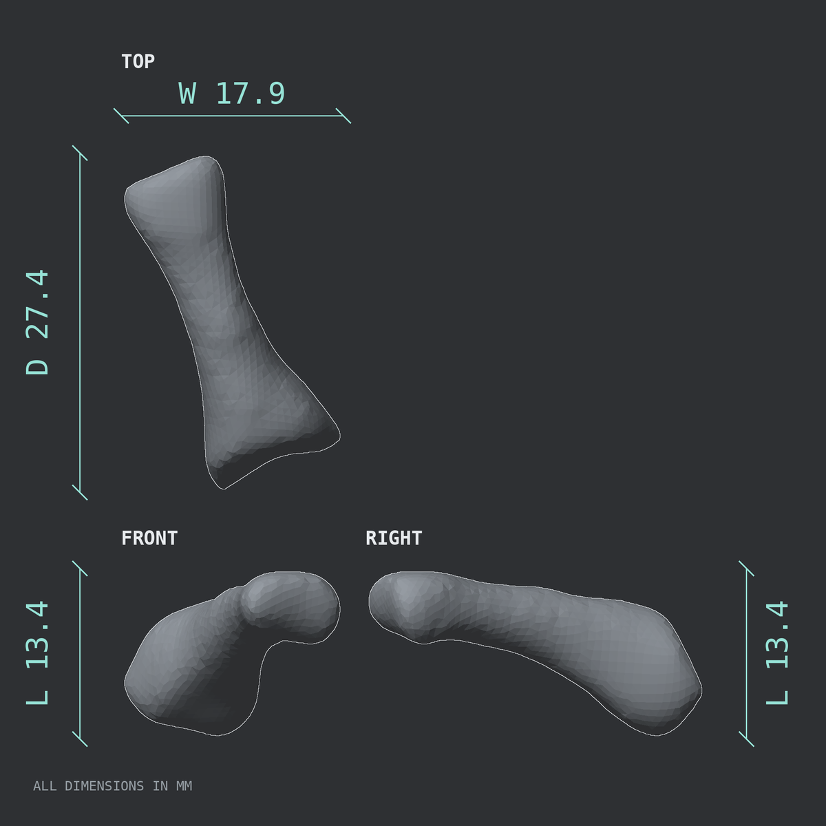 3D rendered dimensional drawing of the Left fourth toe proximal phalanx, top, front, and side views.