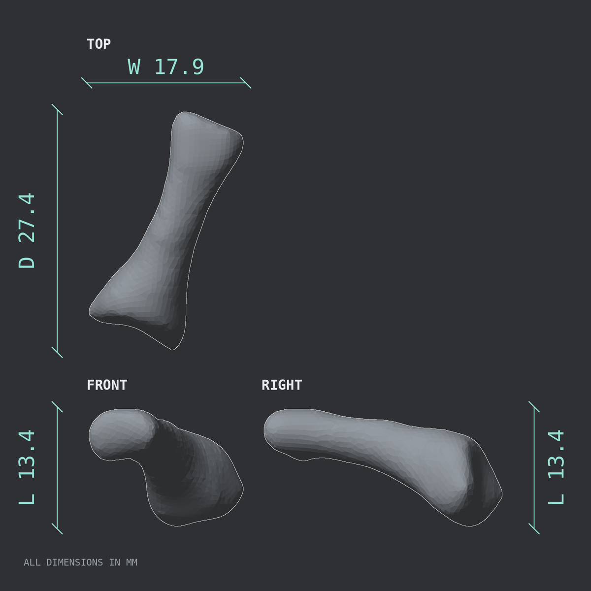 3D rendered dimensional drawing of the Right fourth toe proximal phalanx, top, front, and side views.