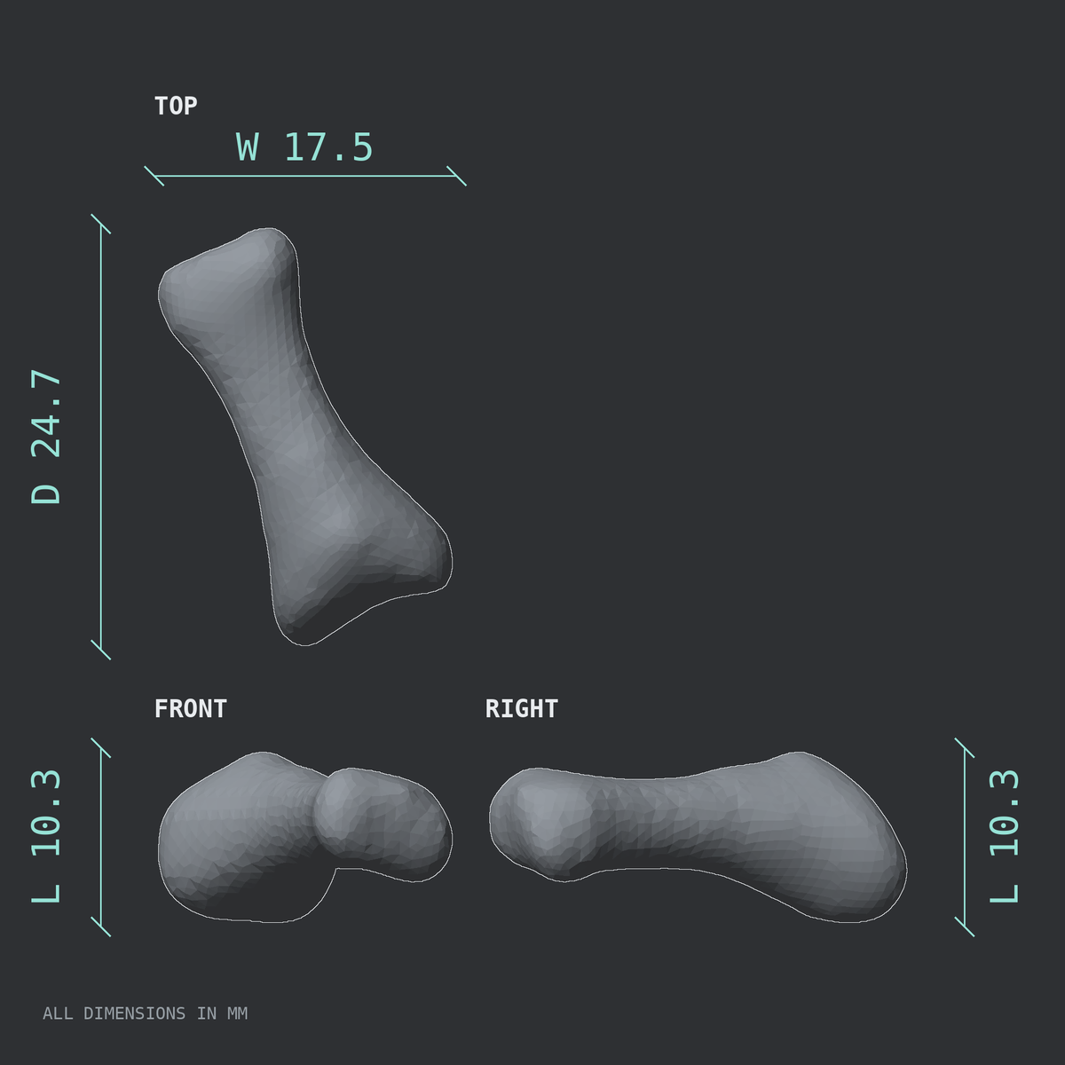 3D rendered dimensional drawing of the Left little toe proximal phalanx, top, front, and side views.