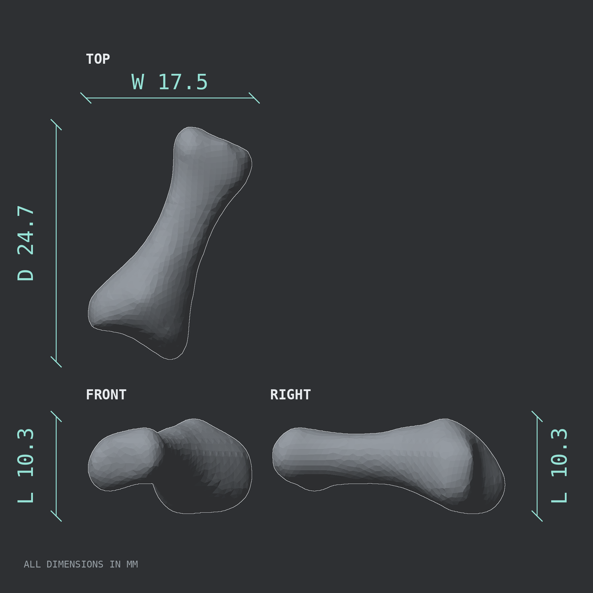 3D rendered dimensional drawing of the Right little toe proximal phalanx, top, front, and side views.
