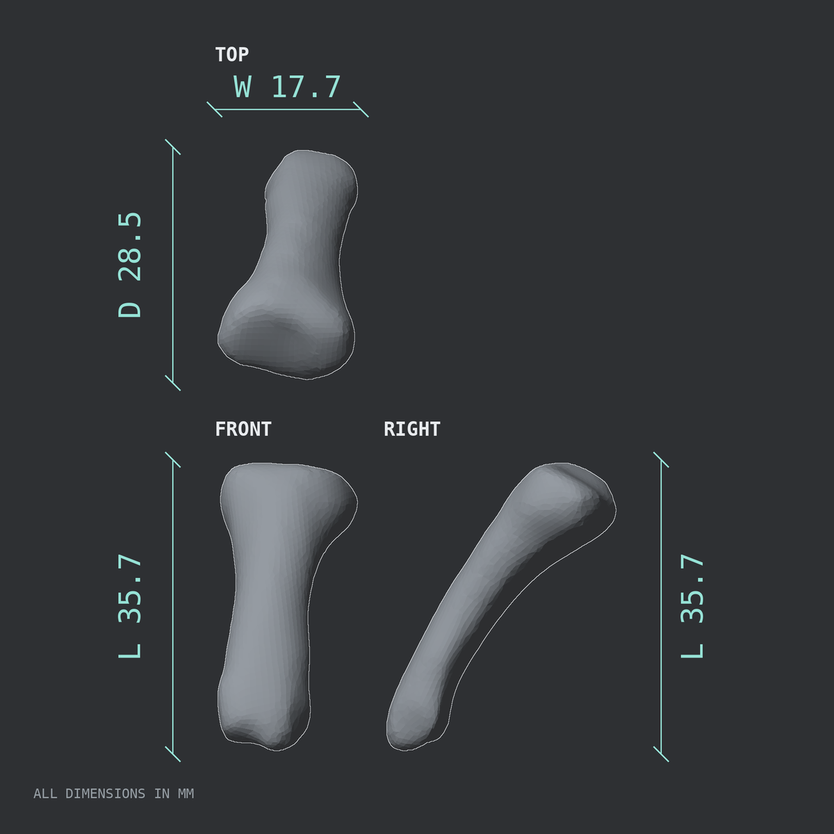 3D rendered dimensional drawing of the Left index finger proximal phalanx, top, front, and side views.