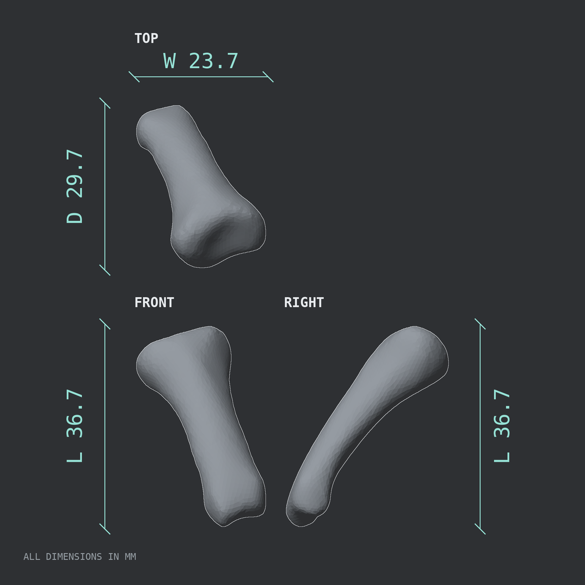 3D rendered dimensional drawing of the Right index finger proximal phalanx, top, front, and side views.