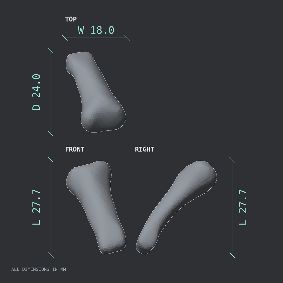 3D rendered dimensional drawing of the Left little finger proximal phalanx, top, front, and side views.