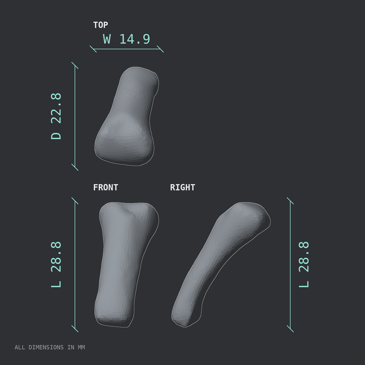 3D rendered dimensional drawing of the Right little finger proximal phalanx, top, front, and side views.