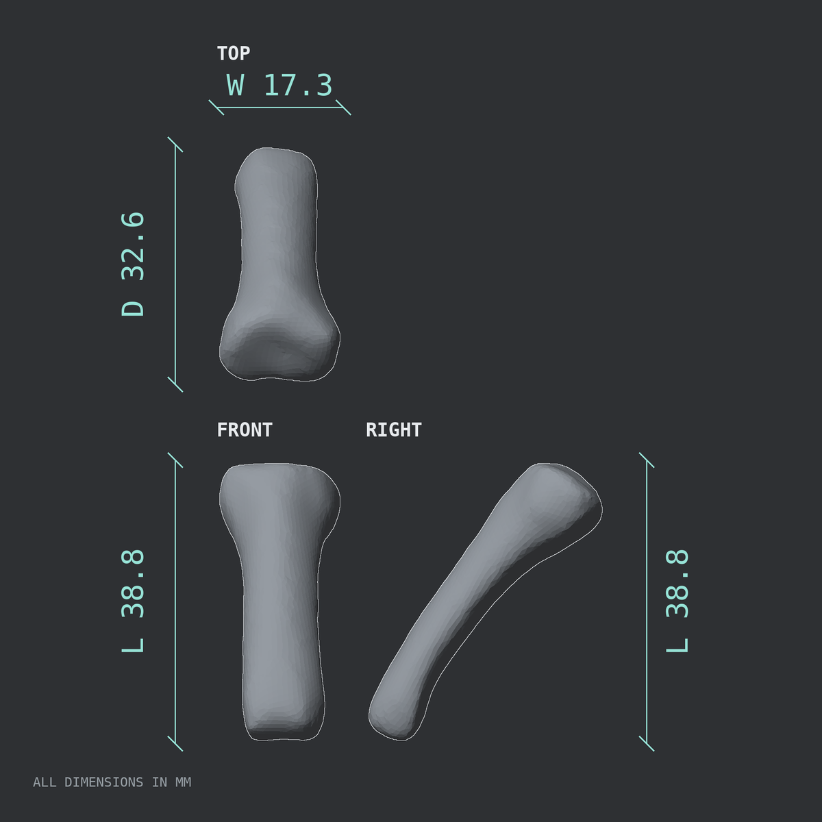 3D rendered dimensional drawing of the Left middle finger proximal phalanx, top, front, and side views.