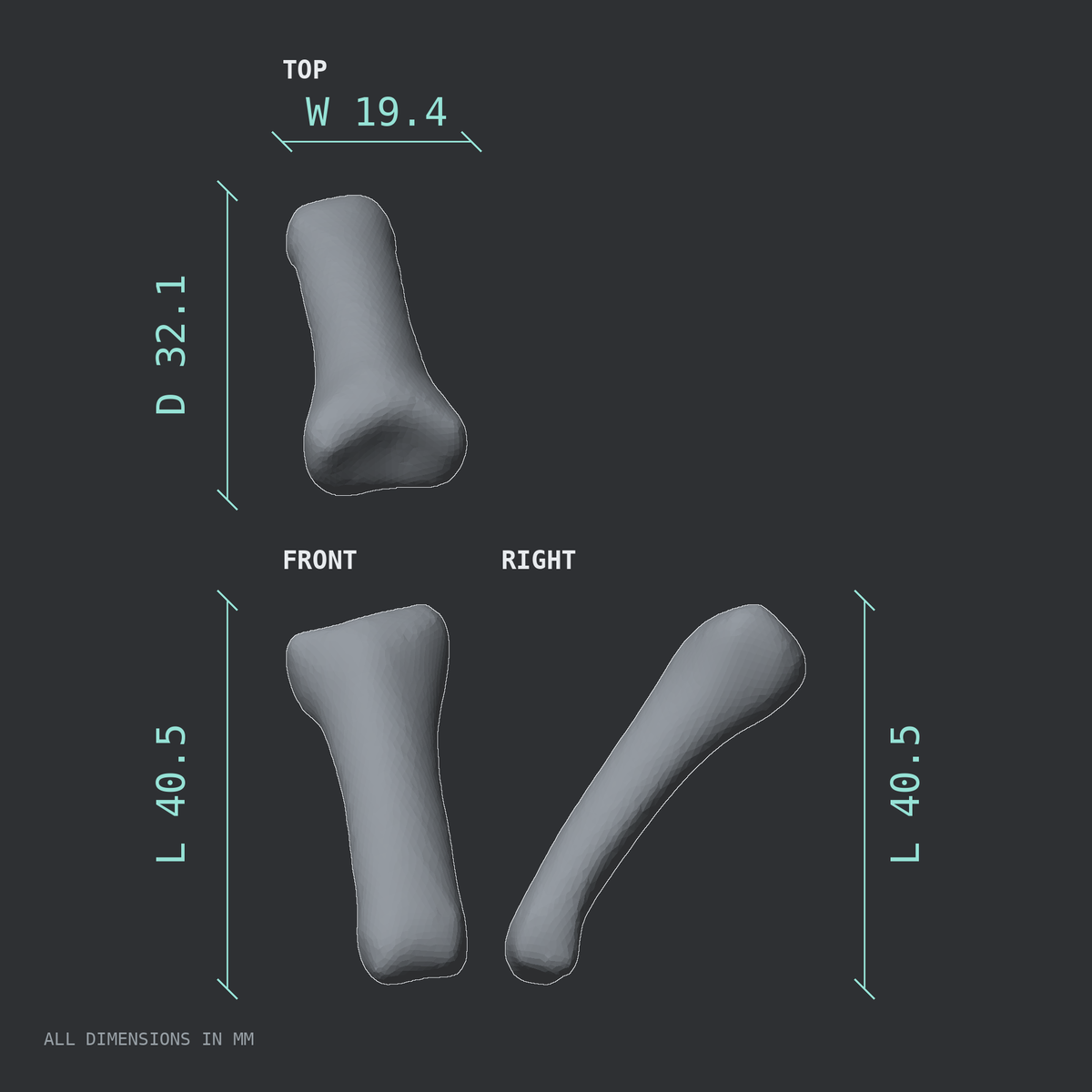 3D rendered dimensional drawing of the Right middle finger proximal phalanx, top, front, and side views.
