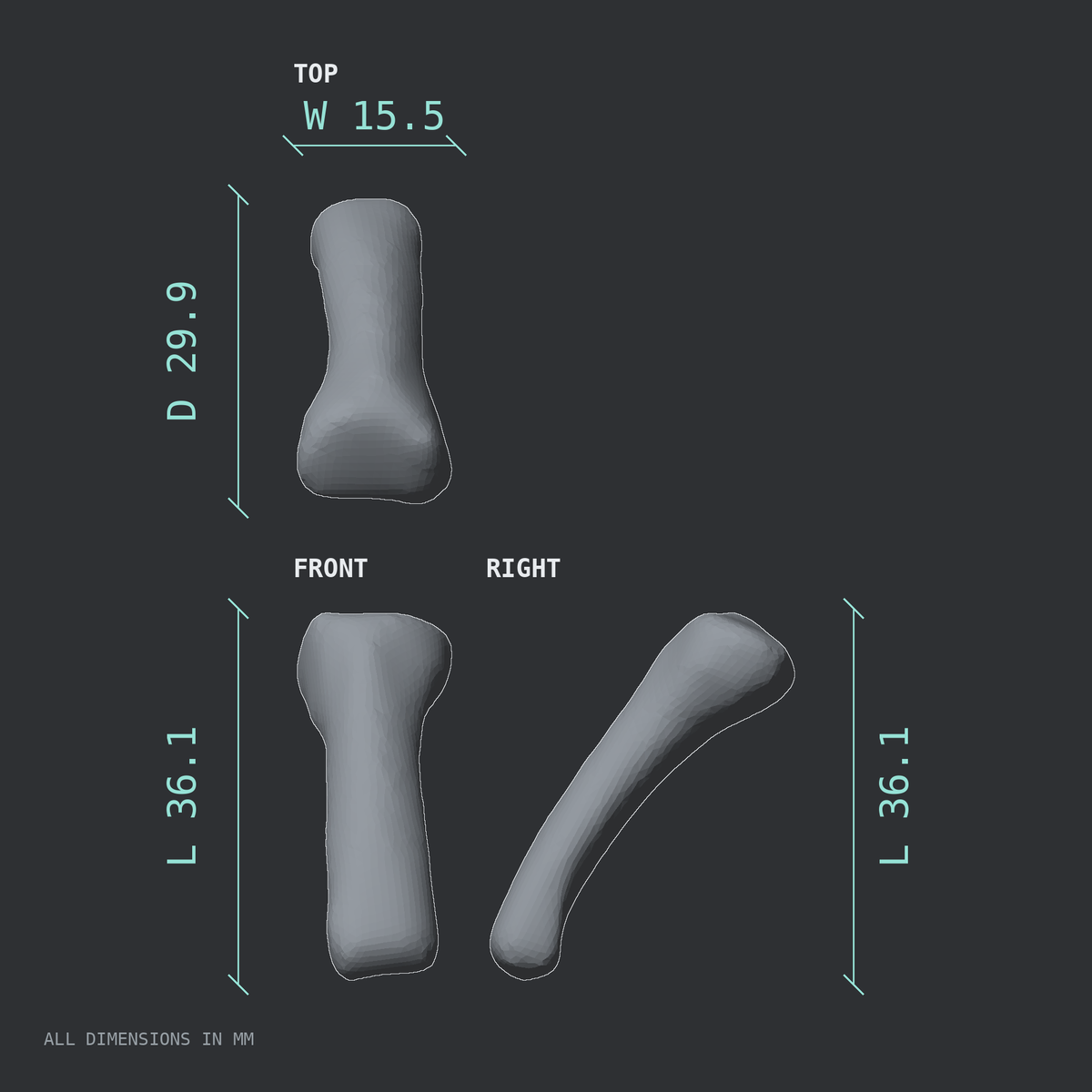 3D rendered dimensional drawing of the Left ring finger proximal phalanx, top, front, and side views.