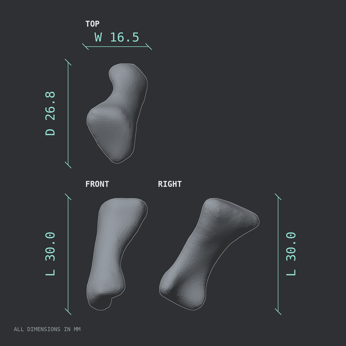 3D rendered dimensional drawing of the Left thumb proximal phalanx, top, front, and side views.