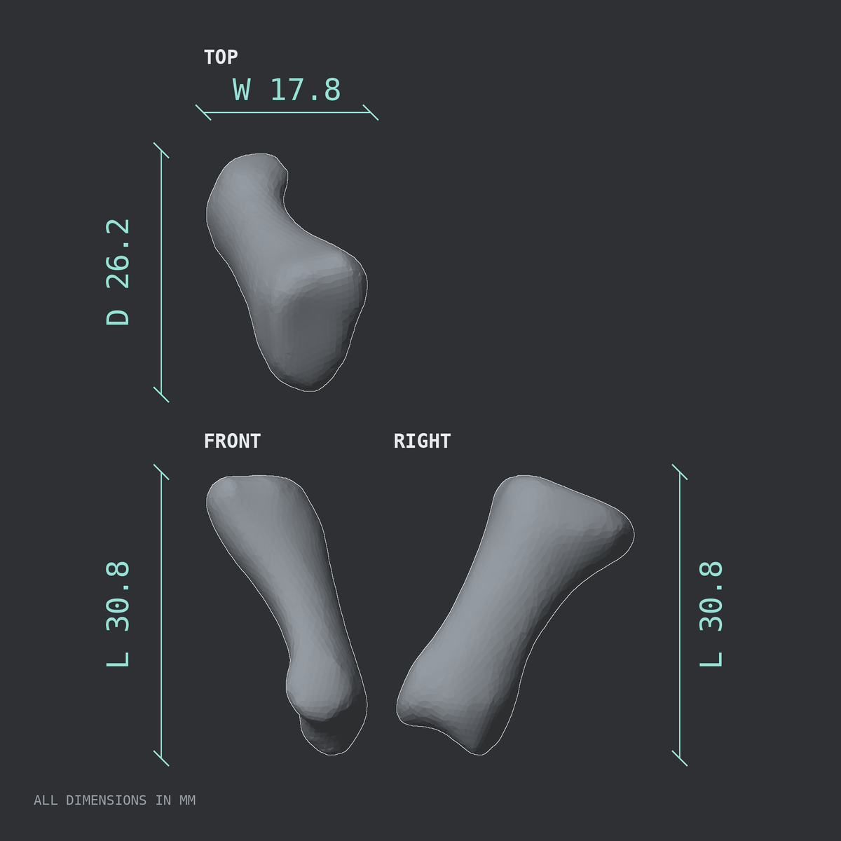 3D rendered dimensional drawing of the Right thumb proximal phalanx, top, front, and side views.