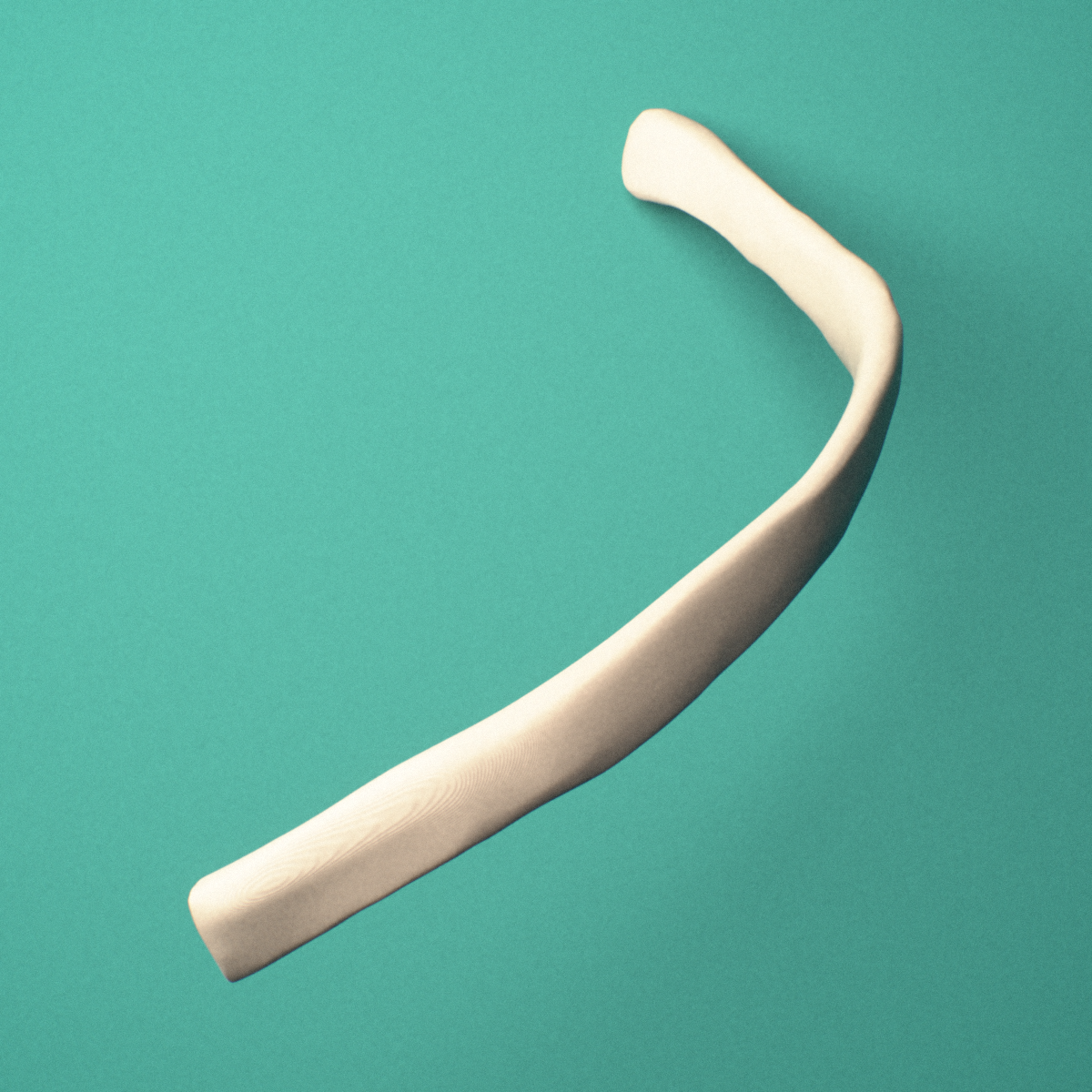 3D-printed Left tenth rib (false rib), oblique close-up view showing the shaft.