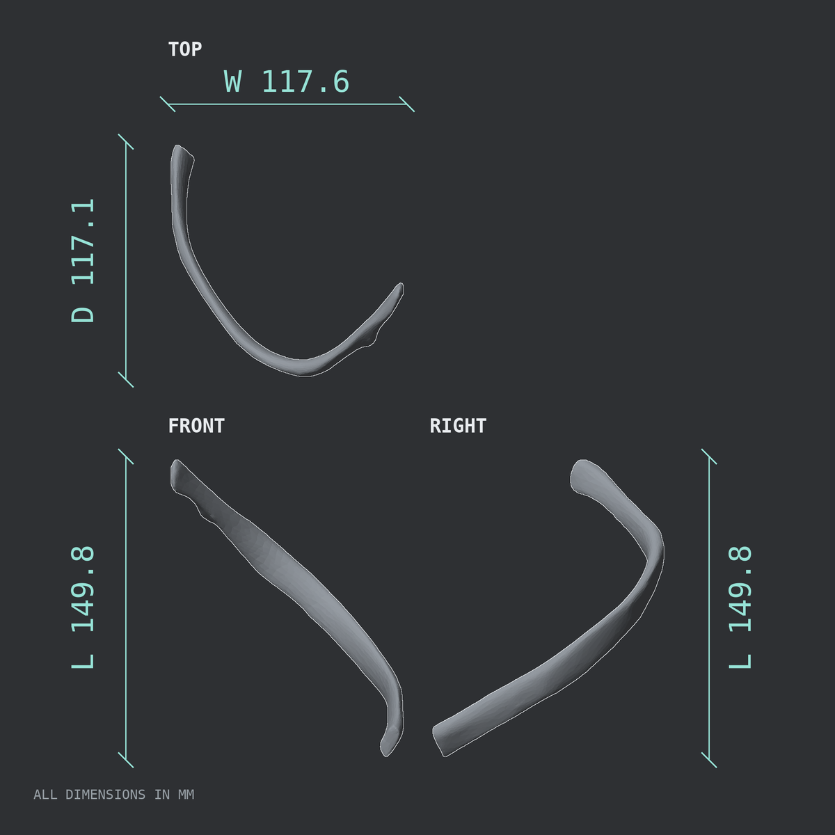 3D rendered dimensional drawing of the Left tenth rib (false rib), top, front, and side views.