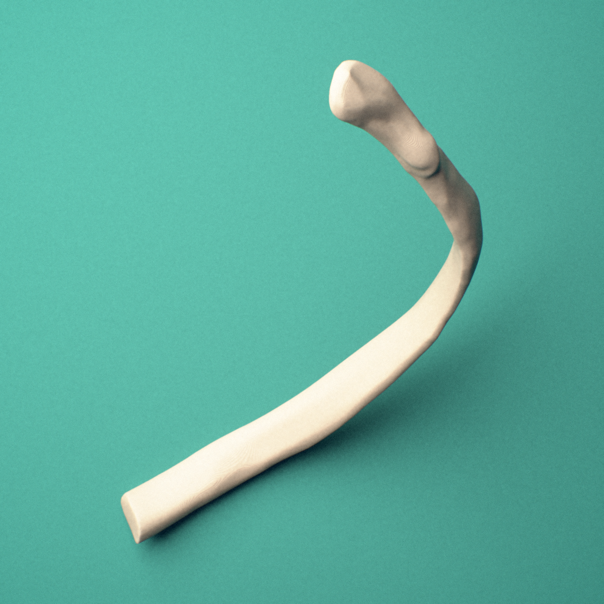3D-printed Right tenth rib (false rib), oblique close-up view showing the shaft.