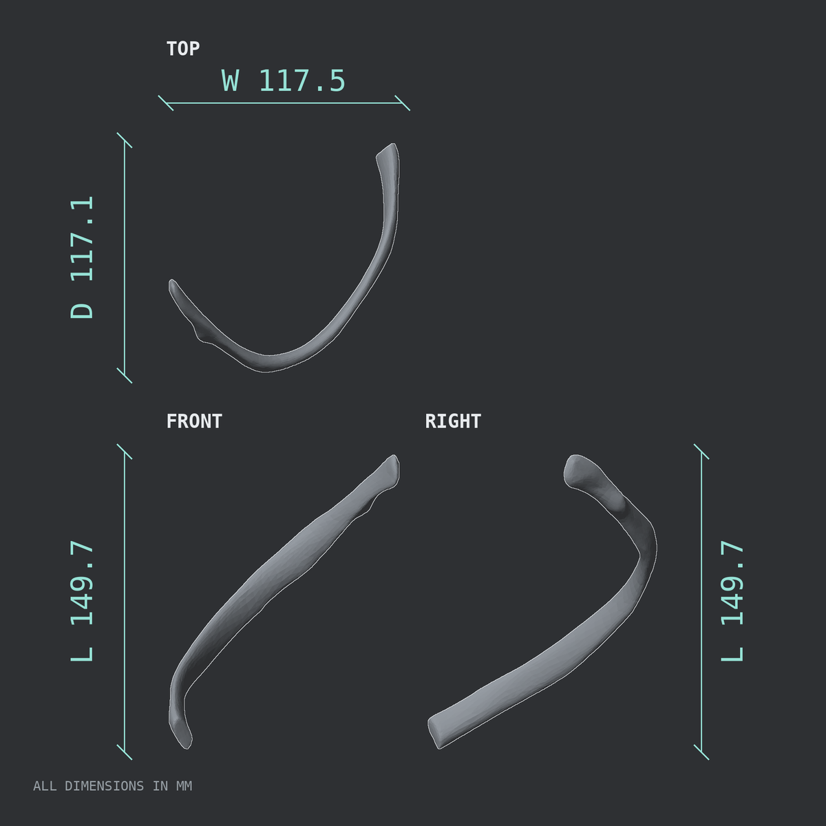 3D rendered dimensional drawing of the Right tenth rib (false rib), top, front, and side views.