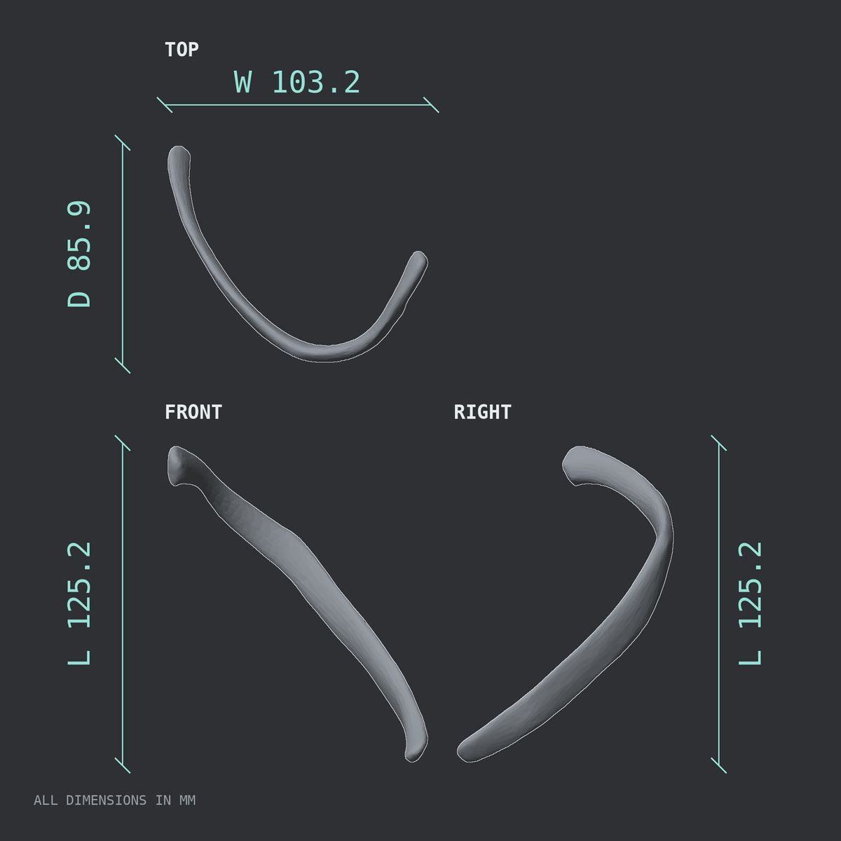 3D rendered dimensional drawing of the Left eleventh rib (floating rib), top, front, and side views.