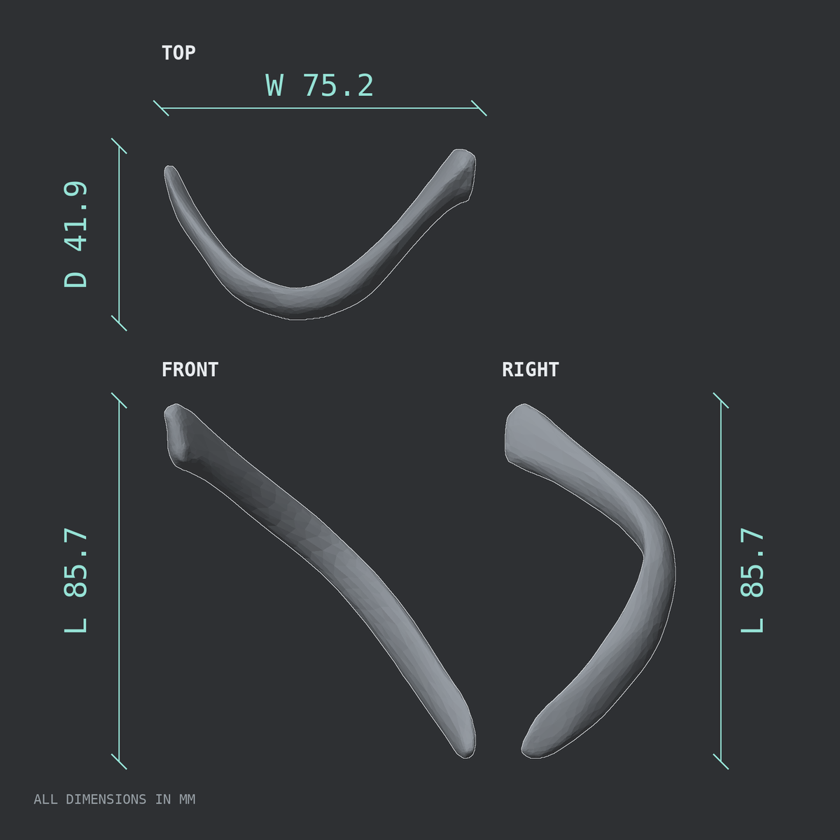 3D rendered dimensional drawing of the Left twelfth rib (floating rib), top, front, and side views.