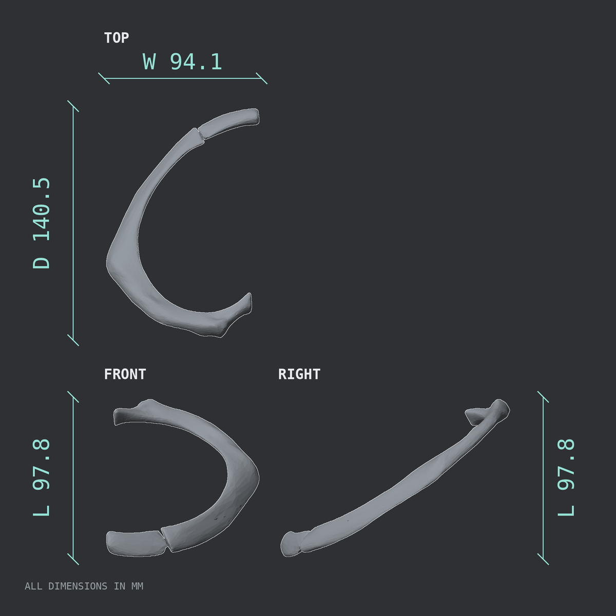 3D rendered dimensional drawing of the Left second rib (true rib), top, front, and side views.