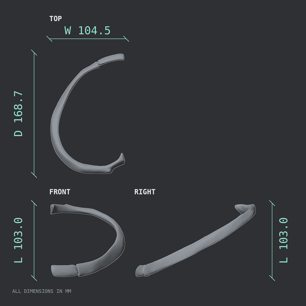 3D rendered dimensional drawing of the Left third rib (true rib), top, front, and side views.