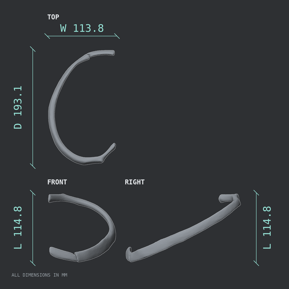 3D rendered dimensional drawing of the Left fourth rib (true rib), top, front, and side views.