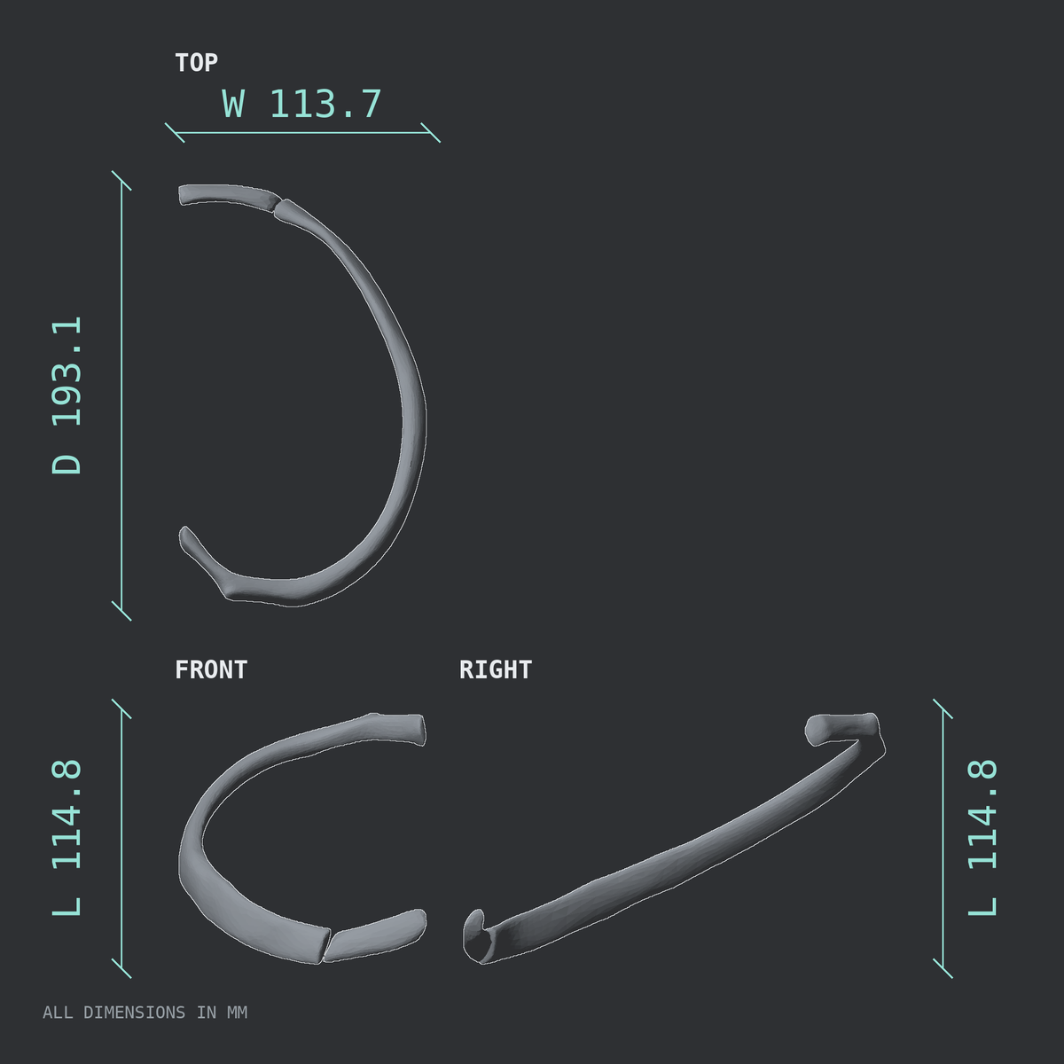 3D rendered dimensional drawing of the Right fourth rib (true rib), top, front, and side views.