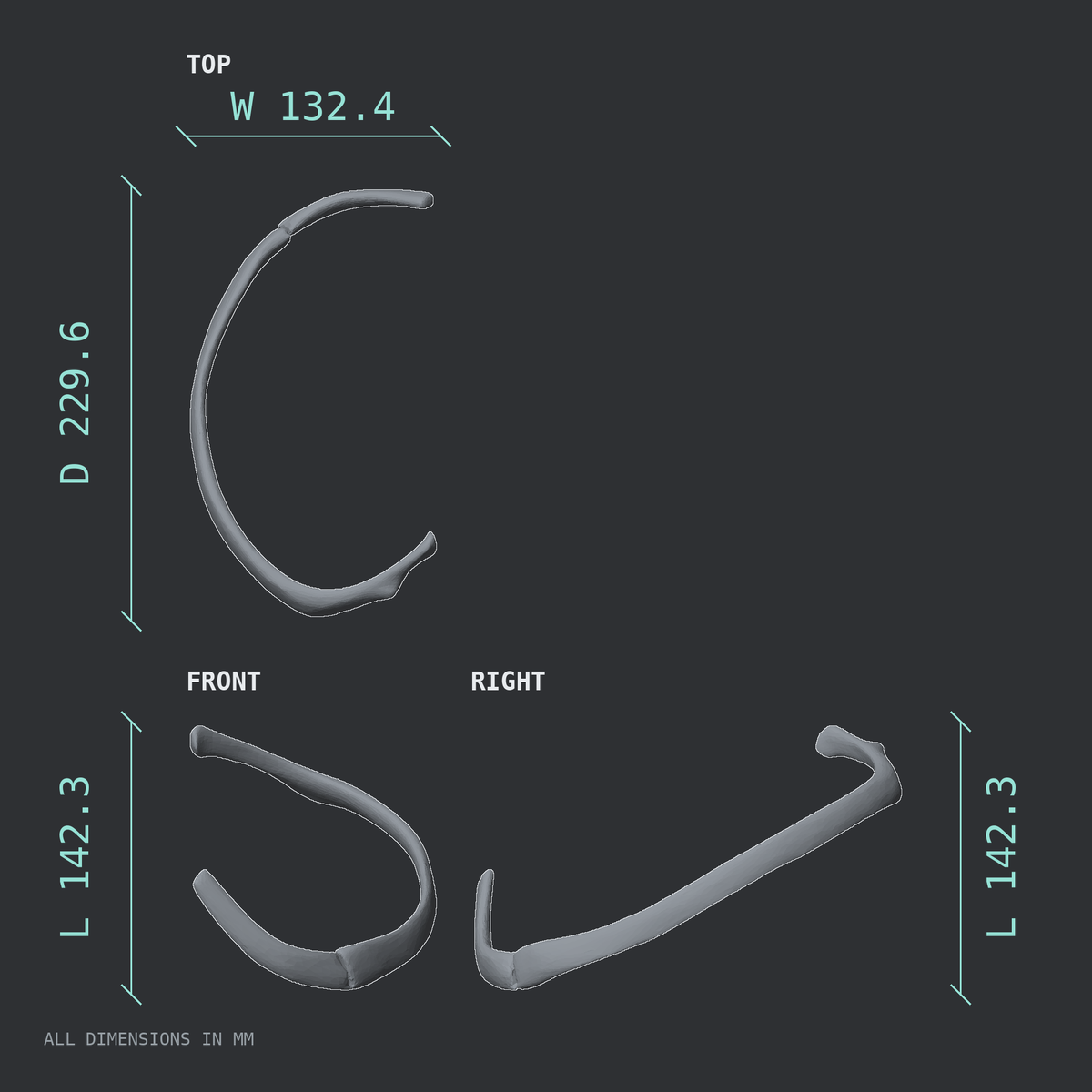 3D rendered dimensional drawing of the Left sixth rib (true rib), top, front, and side views.