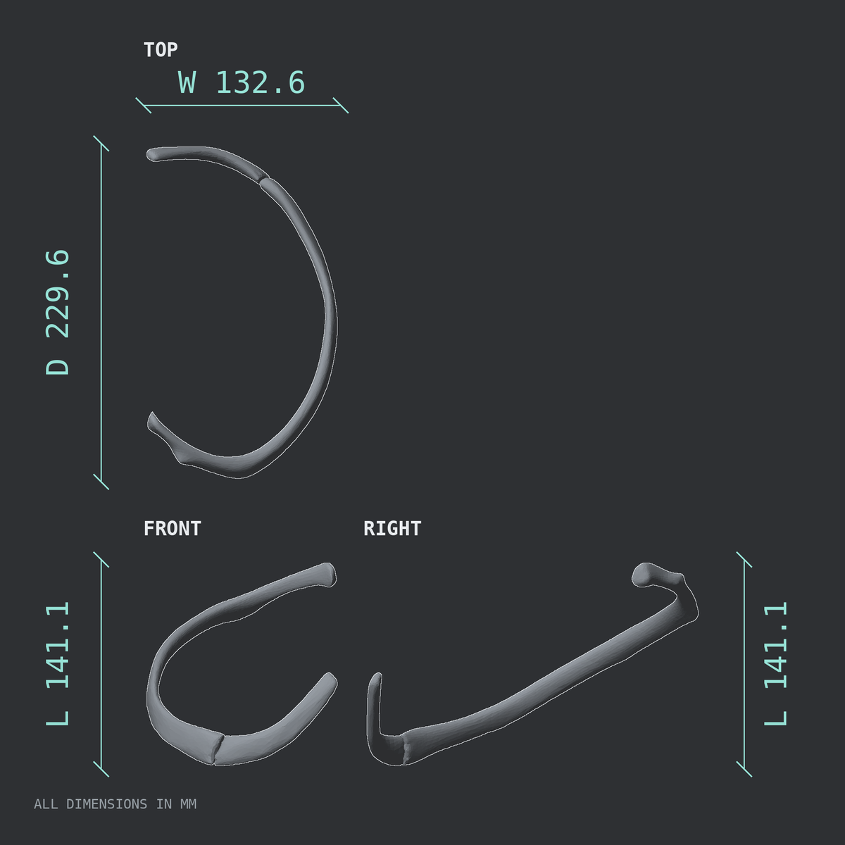 3D rendered dimensional drawing of the Right sixth rib (true rib), top, front, and side views.