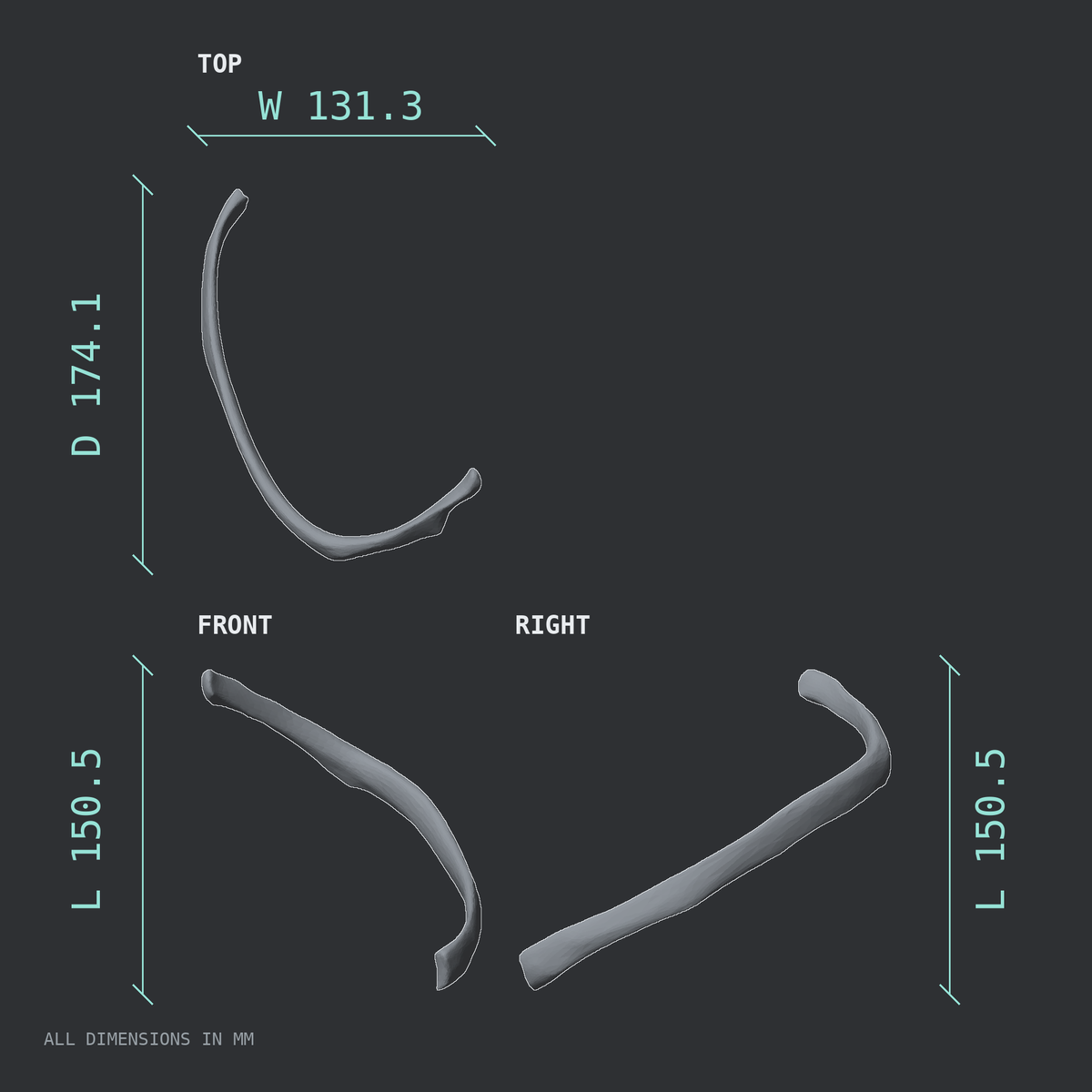 3D rendered dimensional drawing of the Left eighth rib (false rib), top, front, and side views.